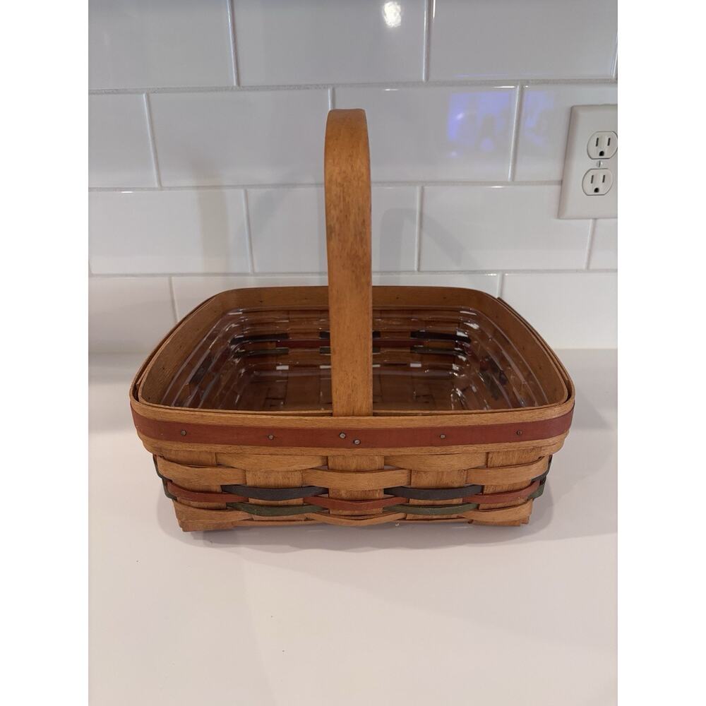 1990 LONGABERGER Square Basket Stationary Handle Blue Green Red Bands 12" - Picture 2 of 8